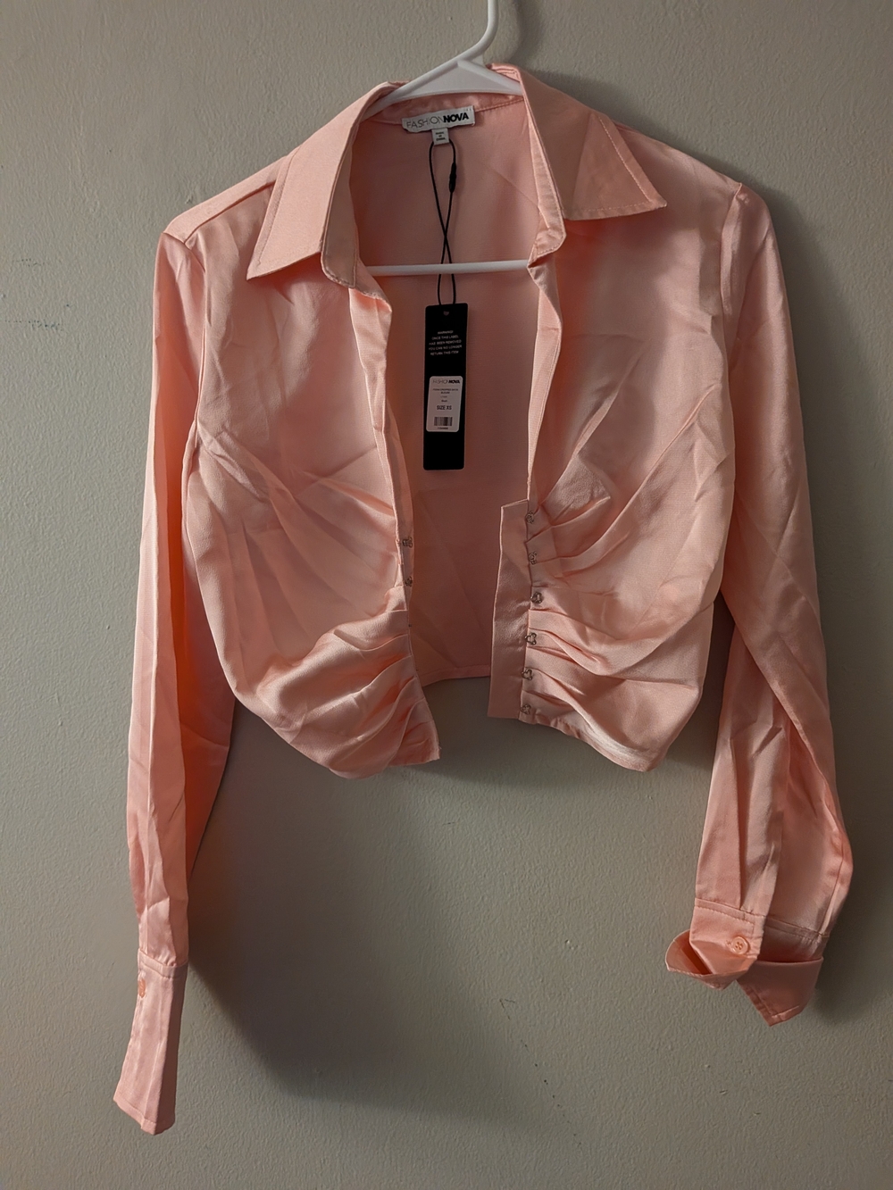 Fashion Nova Peach Satin Ruched Crop Button-Up Blouse
